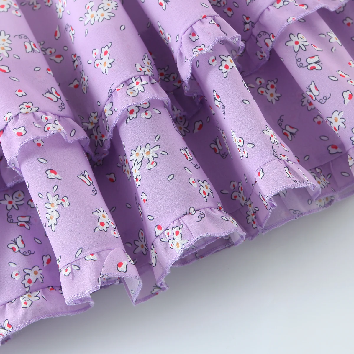 Women Slit Bra Corset Purple Floral Print Double Wood Ears Strap Dress Chiffon Spliced Ruffle Hem Cake Mini Holiday Robe - Image 17