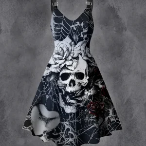 Plus Size Goth Punk Dress Women Black Gothic Lace Up Corset A-Line Halloween Dress
