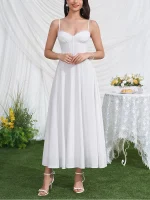 White Corset Wedding Midi Dress Elegant Summer Spaghetti Strap A-Line Bridal