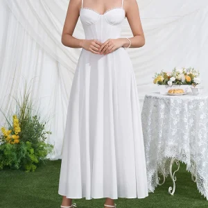 White Corset Wedding Midi Dress Elegant Summer Spaghetti Strap A-Line Bridal