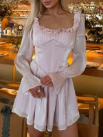 Shining Square Collar Ruffle Trim Fishbone Waist Cinched Short Dress Flare Sleeved Backless Lace Up Mini Dresses Elegant Gowns