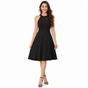 Lace Cocktail Midi Dress, Sleeveless Keyhole Back A‑Line Flowy Swing Dress, Elegant Wedding Guest
