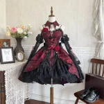 Women Gothic Lolita JSK Dress Set Black Red Rose Print Bandage Corset Dress Lace Sleeves Victorian Elegant Party Cosplay Costume