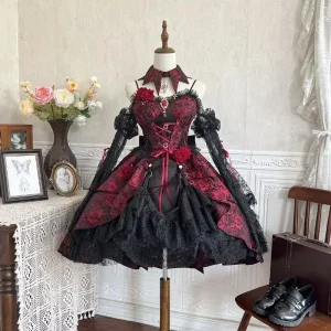 Women Gothic Lolita JSK Dress Set Black Red Rose Print Bandage Corset Dress Lace Sleeves Victorian Elegant Party Cosplay Costume