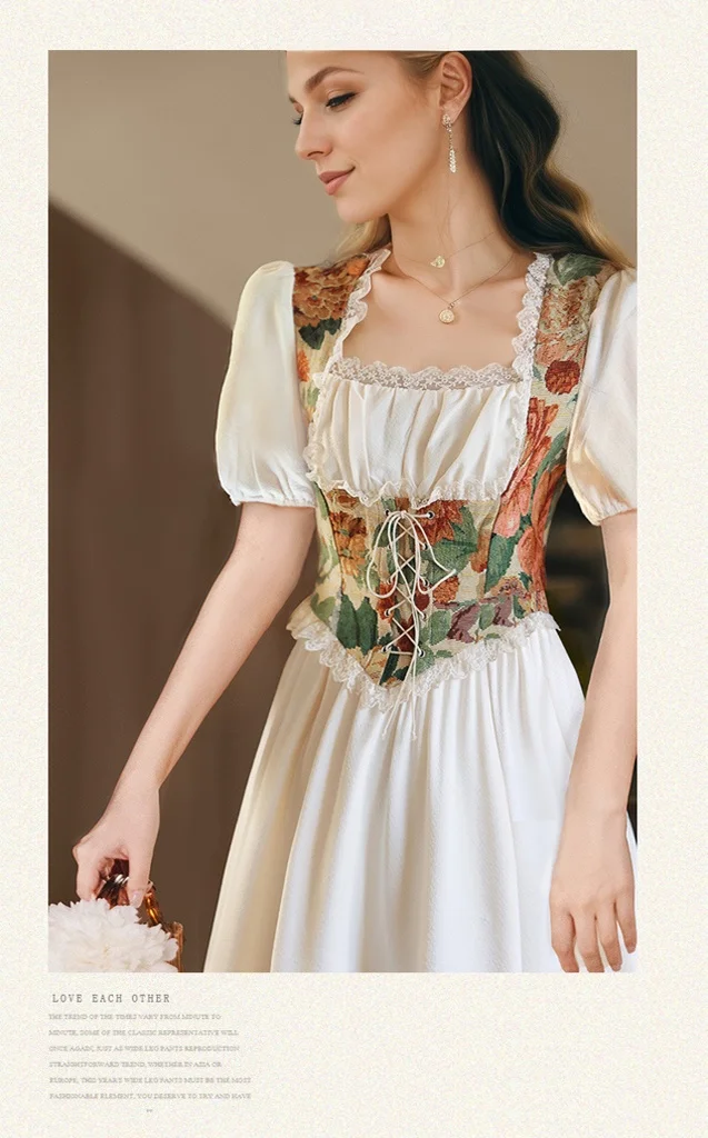 Elegant Cottage Style Princess Dresses Woman Vintage Chic Painting Corset Dress - Image 3