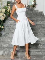 White Corset Dress Women's Square Neck Back Lace Up Flowy A-Line Midi Dress