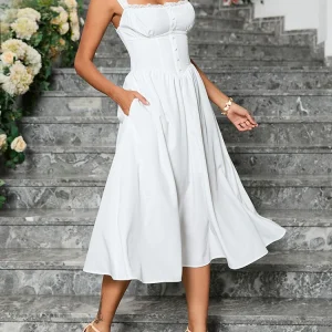 White Corset Dress Women's Square Neck Back Lace Up Flowy A-Line Midi Dress