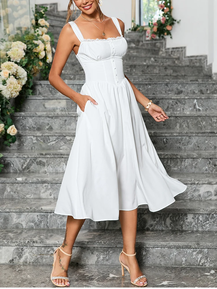 White Corset Dress Women's Square Neck Back Lace Up Flowy A-Line Midi Dress