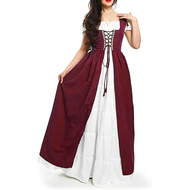 Medieval Court Style Long Sleeve Corset Dress with Off-Shoulder Batwing Sleeves and Flared Long Skirt - Image 9