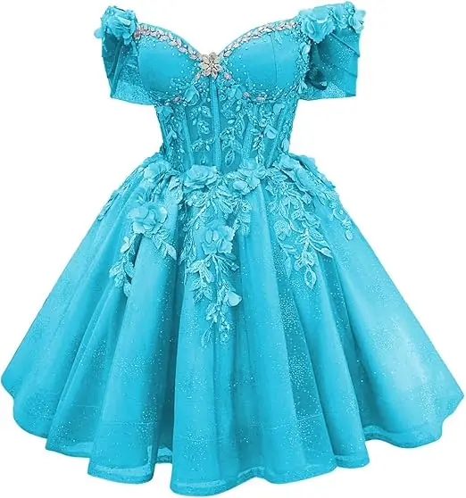 Robe de bal courte Celestia à corset et épaules dénudées, ornée de perles et de dentelle - Image 8