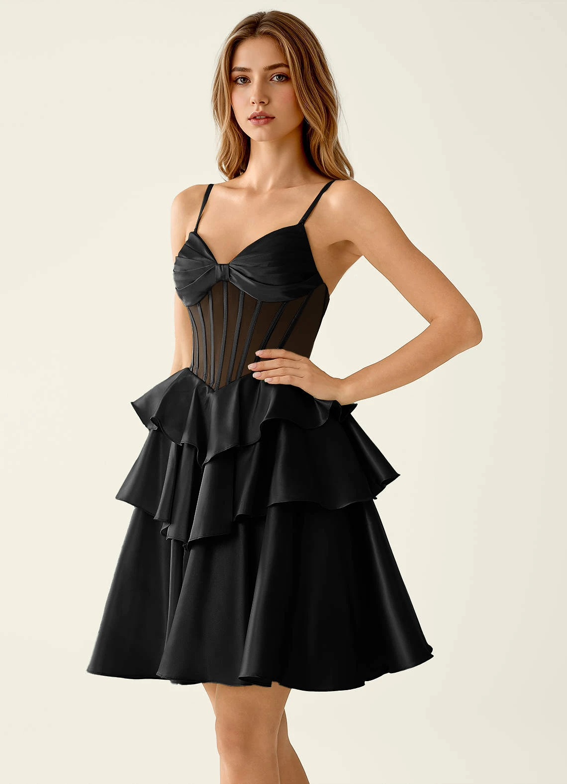 Glam Homecoming Dress Spaghetti Strap Bow Corset Tiered Ruffle - Image 2