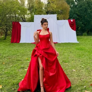 Corset Evening Dress Red Satin High Slit Ruched Prom Gown