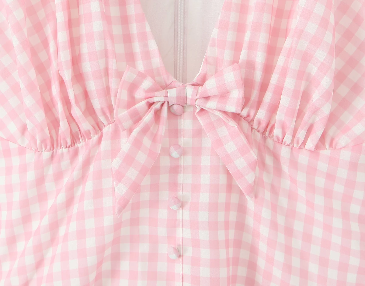 Pink Plaid Spliced White Lace Corset Style Mini Dress Women V Collar Short Sleeve Low Waist Ball Gown Swing Party Robe - Image 11