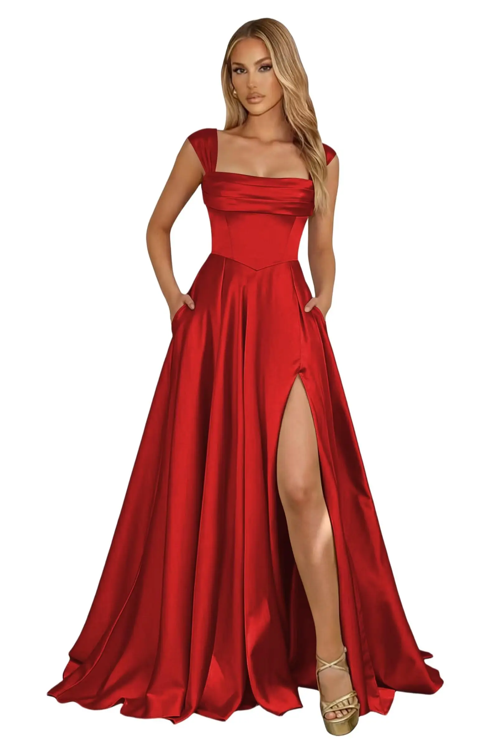 Corset Satin Square Neck Prom Dresses for Women Corset Ruched Formal Evening Party Gowns with Slit - Image 6