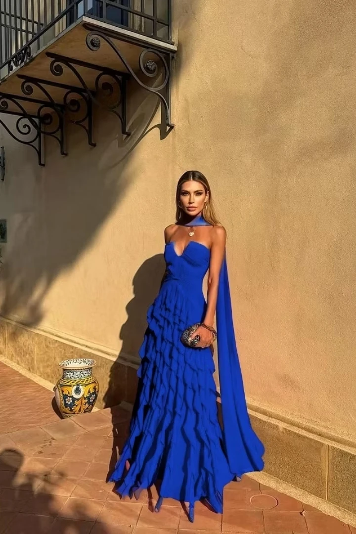 Long Train Evening Gown Sweetheart Multi Layer Ruffle Chiffon Maxi Dress Sexy Backless Flowing Ribbon Prom Dress - Image 14