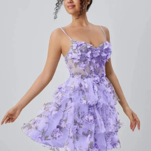 Spaghetti Strap Floral Corset Homecoming Dress Ruffled Tulle Cocktail Party Dress Prom Dress