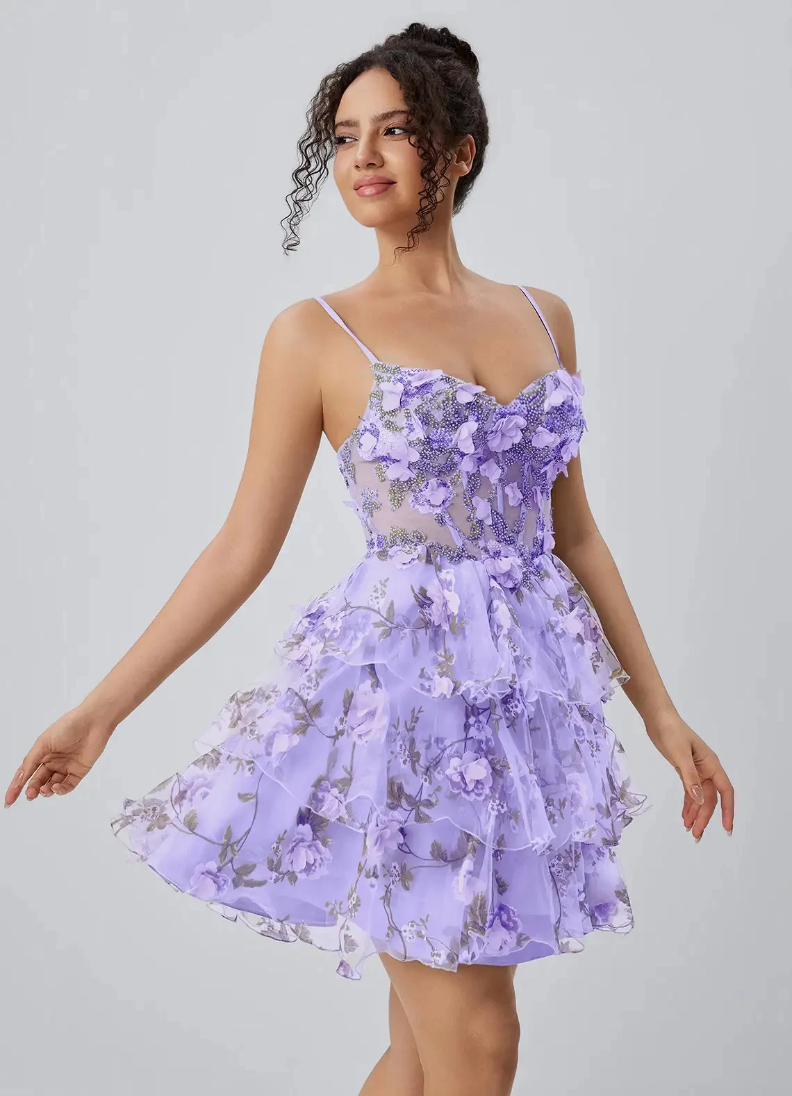 Spaghetti Strap Floral Corset Homecoming Dress Ruffled Tulle Cocktail Party Dress Prom Dress