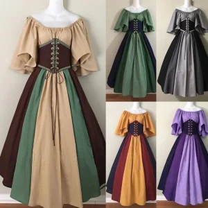 Medieval Renaissance Gothic Gown Women Off Shoulder Patchwork Contrast Slim Vintage Halloween Dress European American Costume