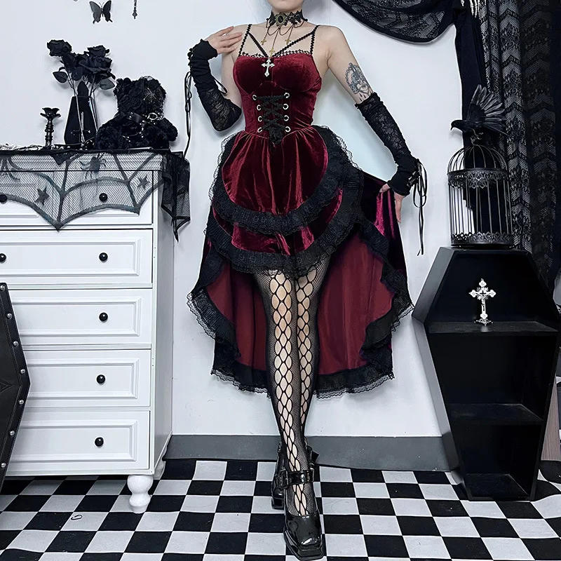High Low Cut Swallow Tail Lace Bodice Dress Strap Y2K Corset Bustier Women Sexy Dark Gothic Costume Sling Strap Sleeveless Dress - Image 9
