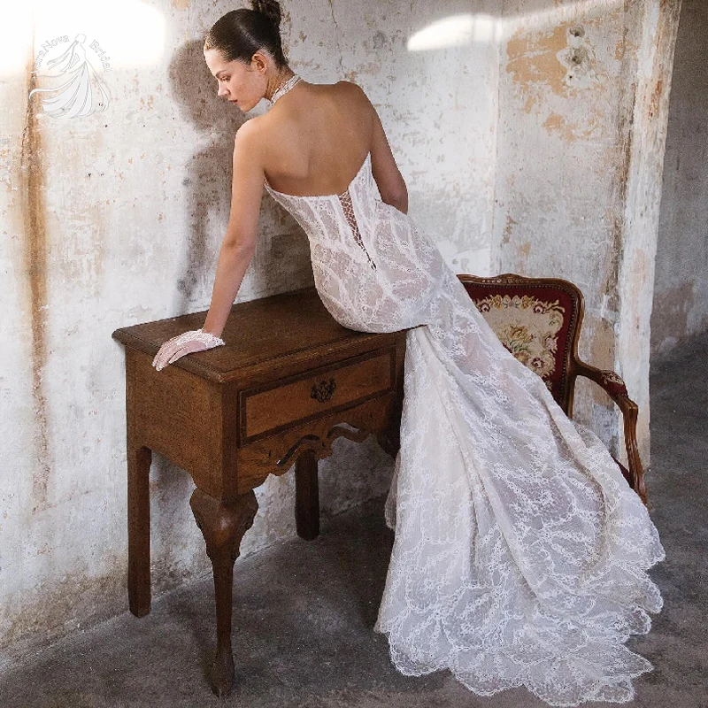 Elegant White Strapless Mermaid Wedding Dress Sheer Lace Fishbone Corset Sleeve Cathedral Train Bridal Gown - Image 2