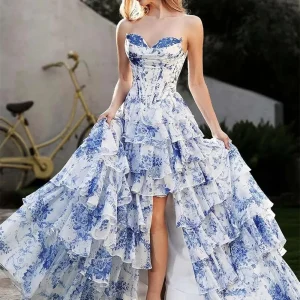 Blue Floral Print Long Women's Dress Sweetheart Tiered Ruffles Corset Skirt Euro Style Summer Floor-Length Sleeveless A-Line