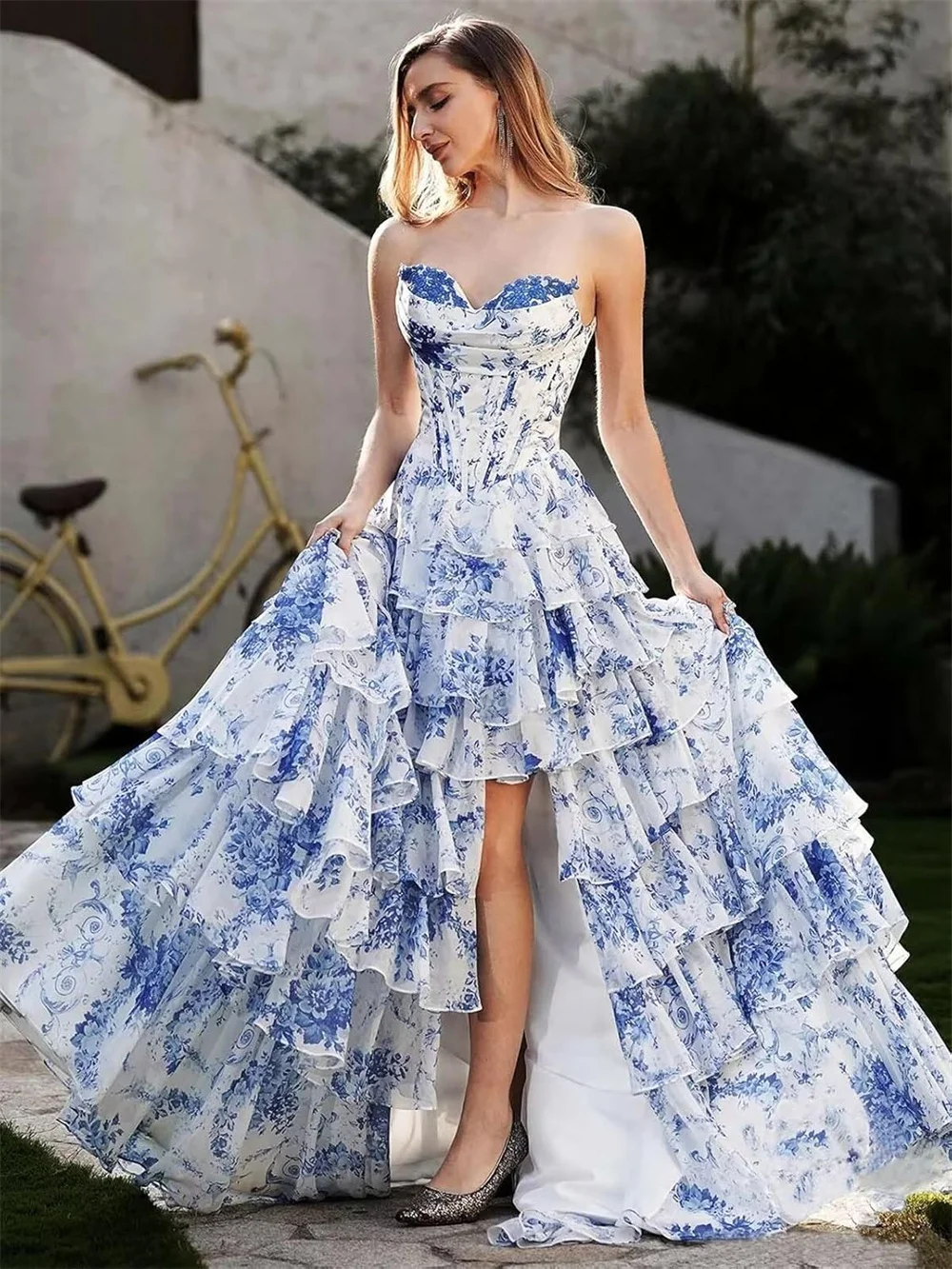 Blue Floral Print Long Women's Dress Sweetheart Tiered Ruffles Corset Skirt Euro Style Summer Floor-Length Sleeveless A-Line