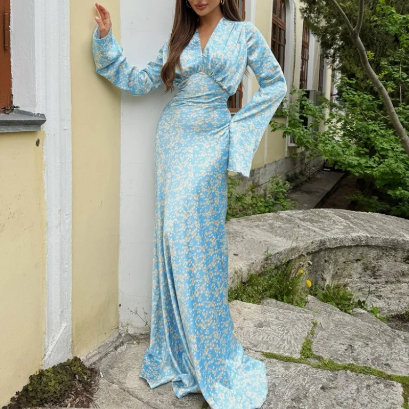 Floral Print Corset Party Evening Long Dress V Neck Ruched Waist Glossy Satin Swing Mermaid Guest Cocktail Maxi Dress - Image 17