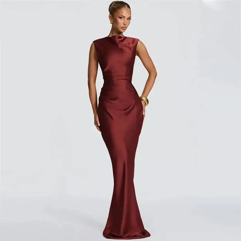 Satin Cowl Neck Mermaid Maxi Dress Women Elegant Sleeveless Draped Ruched Bodycon Long Evening Party Gown Vestidos - Image 7