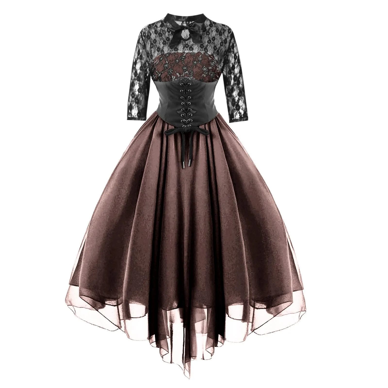 Women's Gothic Dress Sexy Lace Patchwork Half Sleeve Mesh High Waist Party Dresses Retro Lace Up Swing Cocktail Dress Ball Gown - Image 8