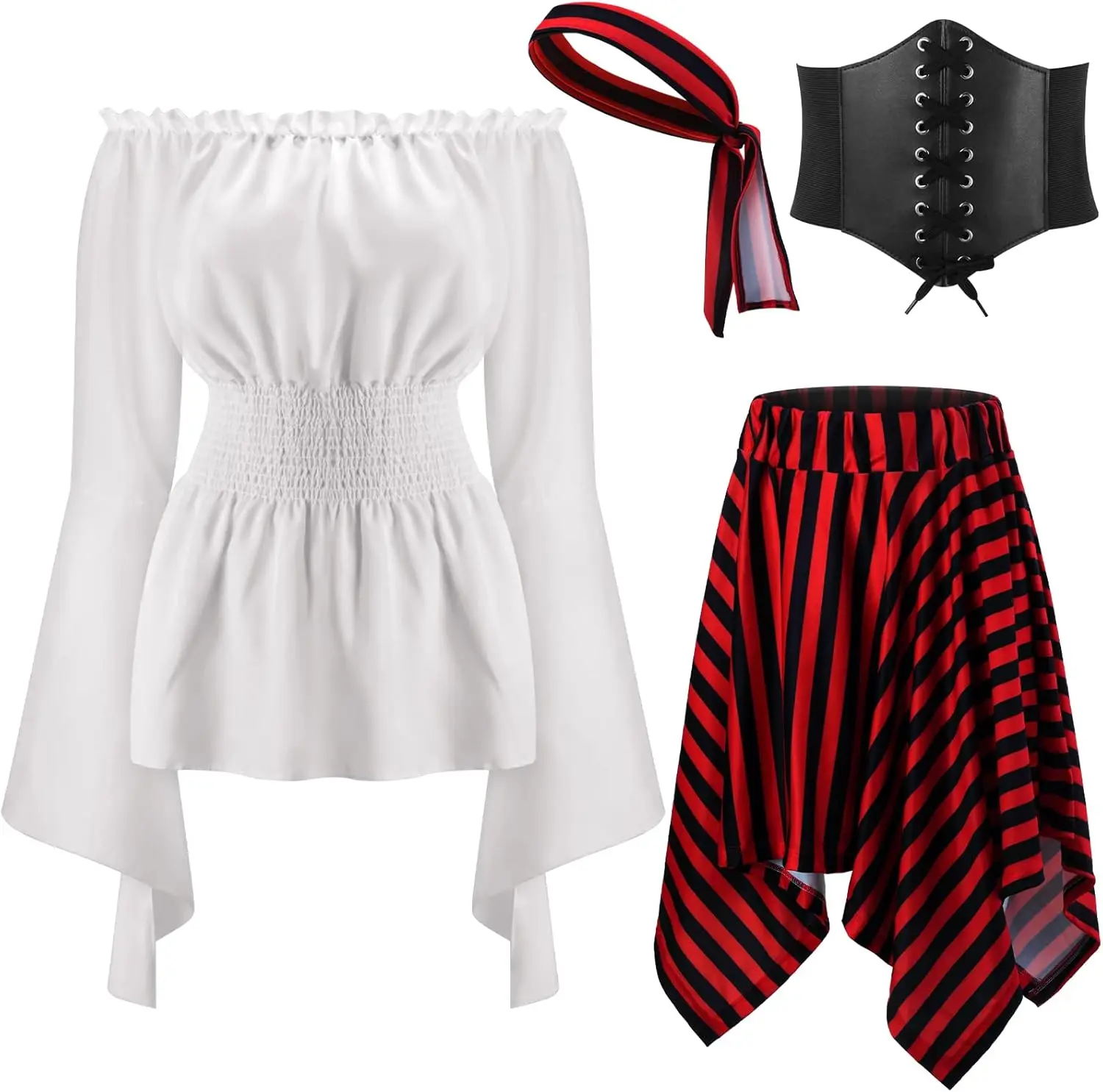 Halloween Womens Pirate Costume Renaissance Pirate Blouse Tops Corset Waist Belt Pirate Skirt for Halloween Party 4 Pcs - Image 2