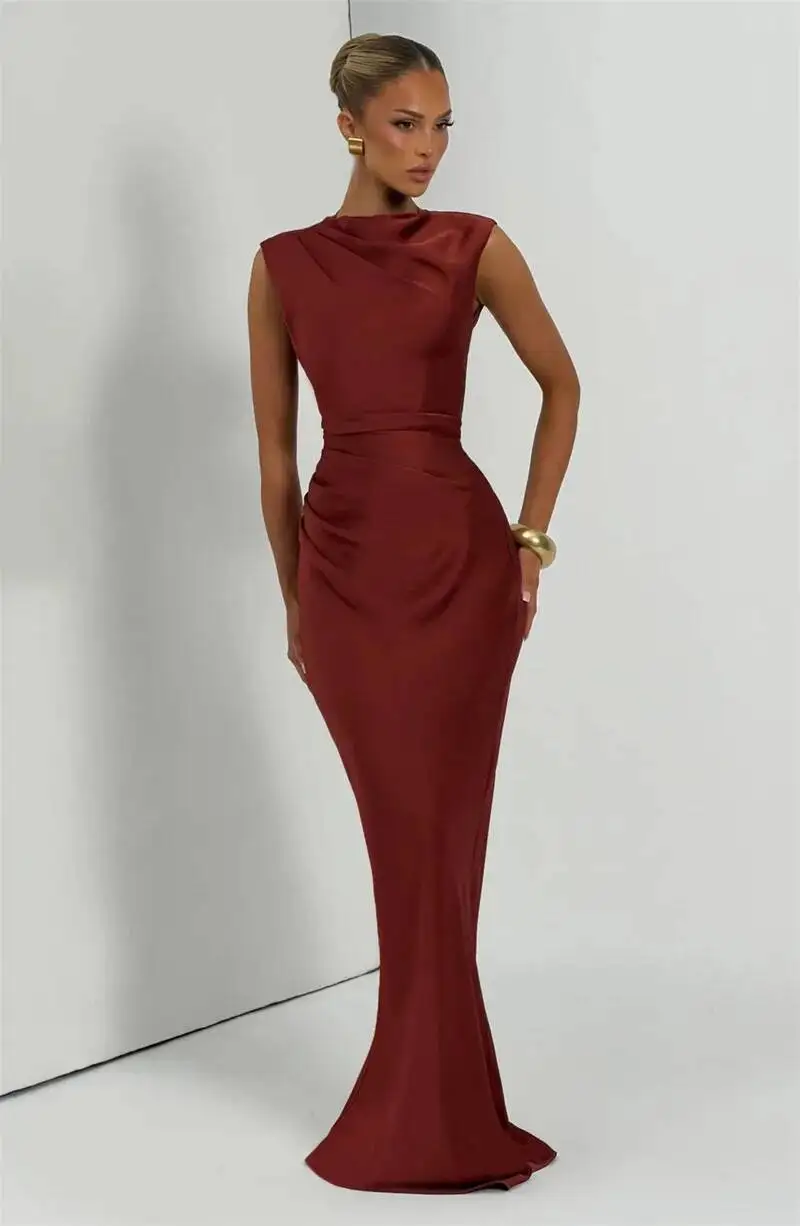 Satin Cowl Neck Mermaid Maxi Dress Women Elegant Sleeveless Draped Ruched Bodycon Long Evening Party Gown Vestidos - Image 15