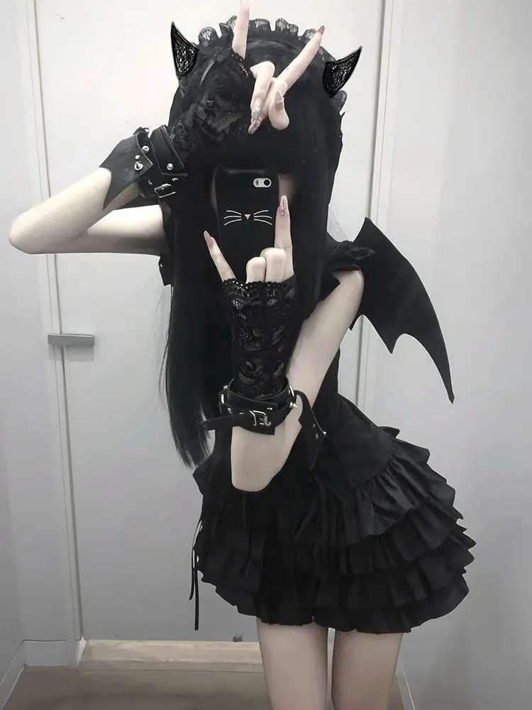 Gothic Lolita Black Mini Dress Women Sleeveless Corset Waist Tiered Ruffle Lace Trim A Line Dark Elegant Halloween - Image 6