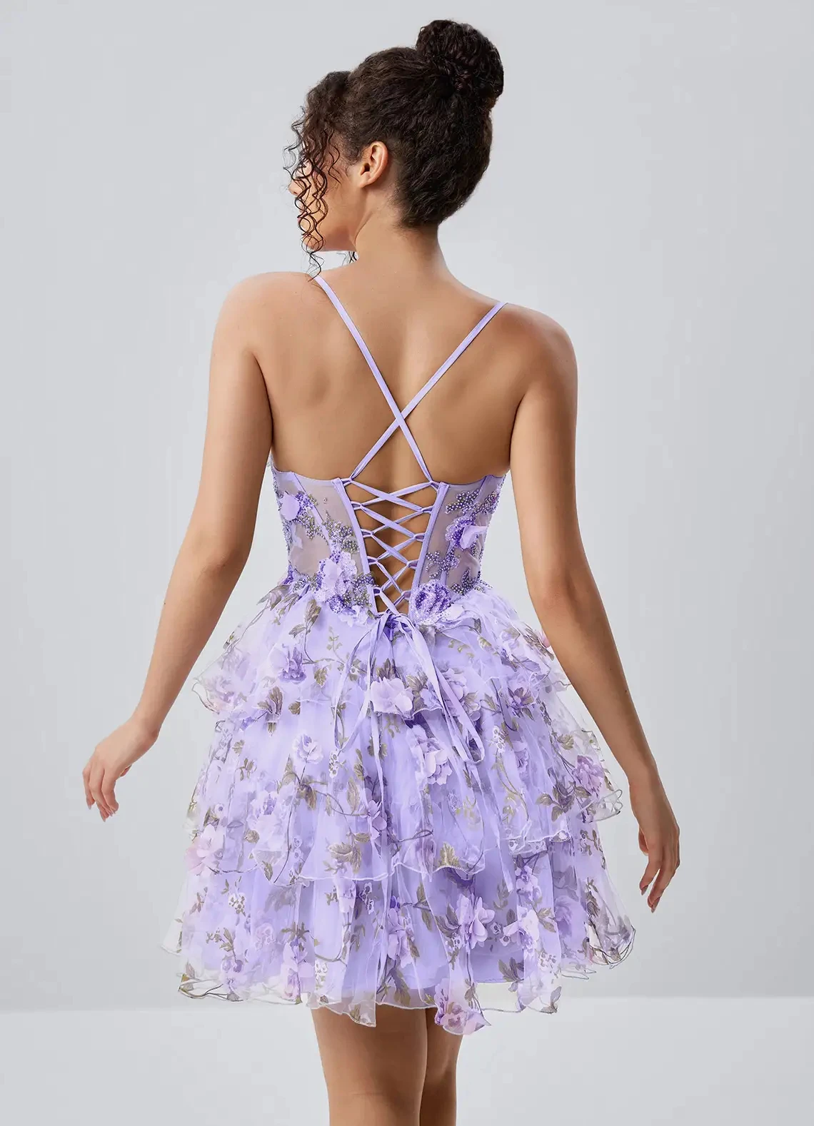 Spaghetti Strap Floral Corset Homecoming Dress Ruffled Tulle Cocktail Party Dress Prom Dress - Image 4