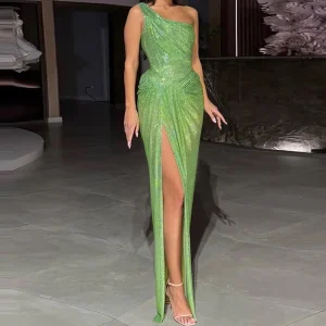 Asymmetrical High Waist Slim Fit Evening Dress Lady Elegant Sleeveless Summer Long Dress Green Sequined Draped Split Party Dress