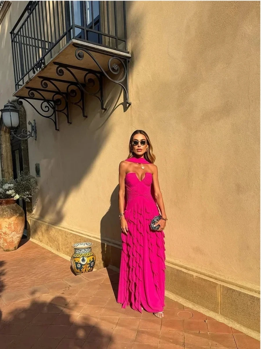 Long Train Evening Gown Sweetheart Multi Layer Ruffle Chiffon Maxi Dress Sexy Backless Flowing Ribbon Prom Dress - Image 2