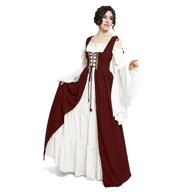 Medieval Court Style Long Sleeve Corset Dress with Off-Shoulder Batwing Sleeves and Flared Long Skirt - Image 17