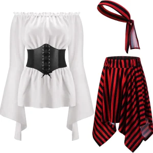Halloween Womens Pirate Costume Renaissance Pirate Blouse Tops Corset Waist Belt Pirate Skirt for Halloween Party 4 Pcs