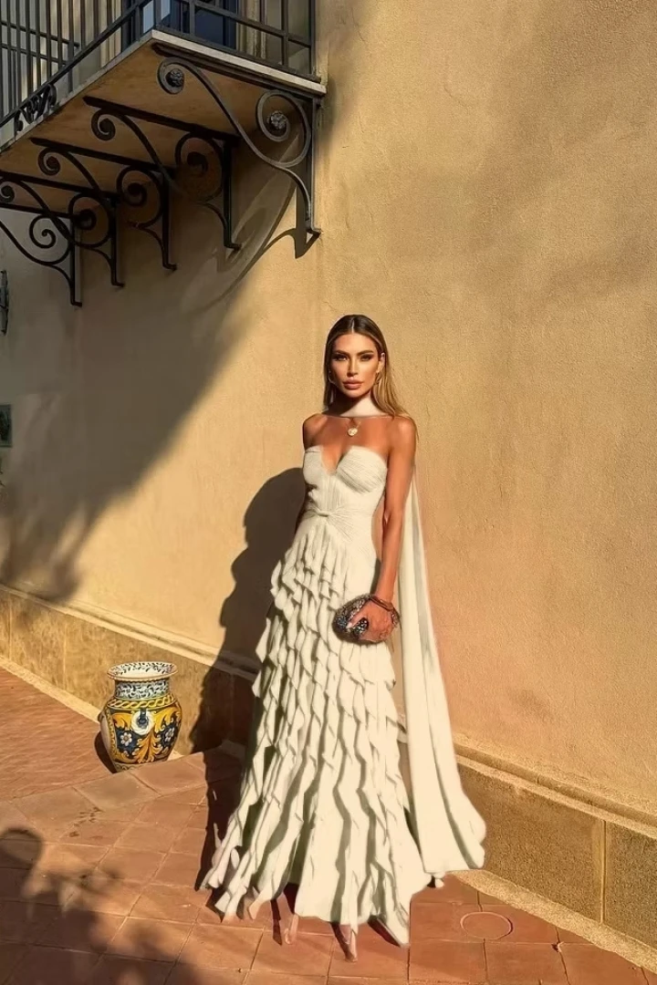Long Train Evening Gown Sweetheart Multi Layer Ruffle Chiffon Maxi Dress Sexy Backless Flowing Ribbon Prom Dress - Image 18