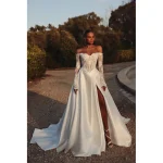 Lace Wedding Dress Sexy High Slit Satin Bridal Gown Elegant Corset