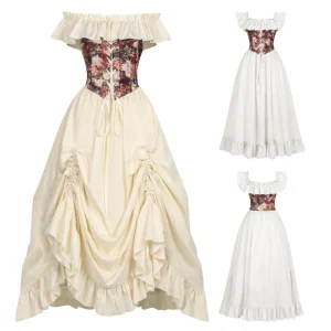 Floral Print Off Shoulder Ruffle Corset Gown Adjustable Drawstring Flowy Maxi Female Skirts