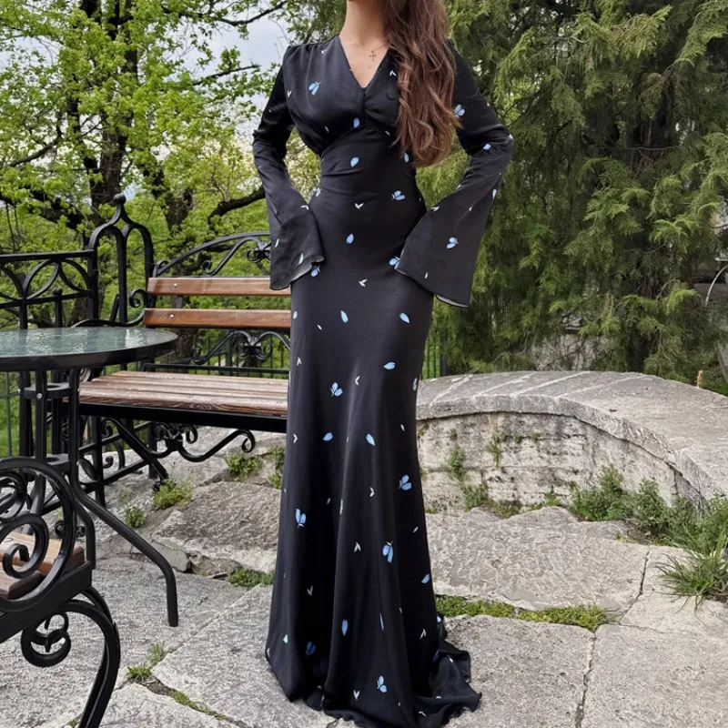 Floral Print Corset Party Evening Long Dress V Neck Ruched Waist Glossy Satin Swing Mermaid Guest Cocktail Maxi Dress - Image 13