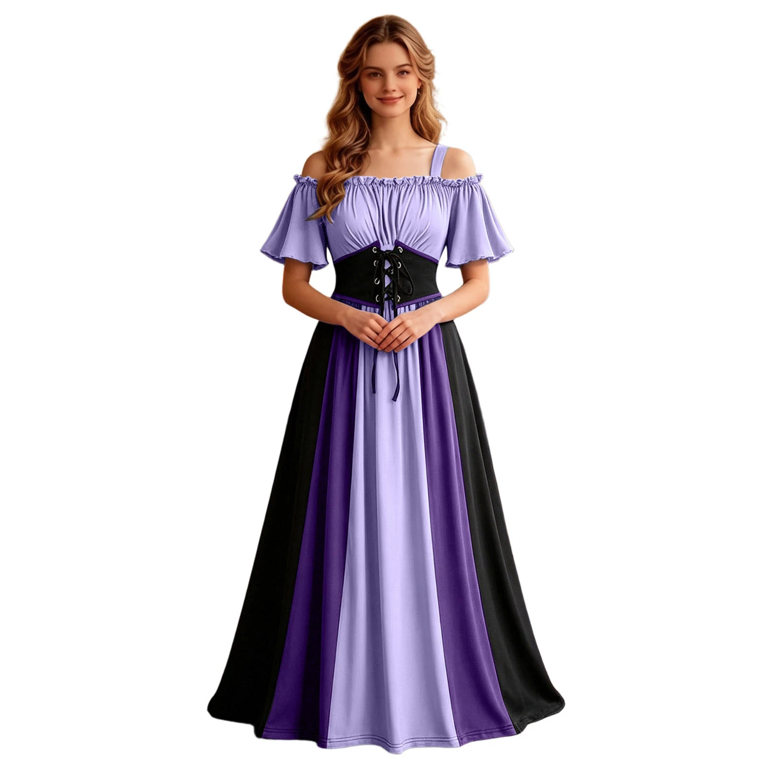 Women Medieval Renaissance Gothic Maxi Dress Off Shoulder Short Sleeve Lace Up Corset Waist Party Gown Halloween Cosplay Costume - Image 2