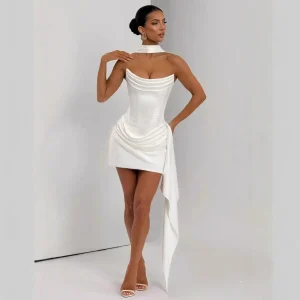 Strapless Corset Dress Sexy White Satin Mini Draped Dress with Scarf Women Cocktail