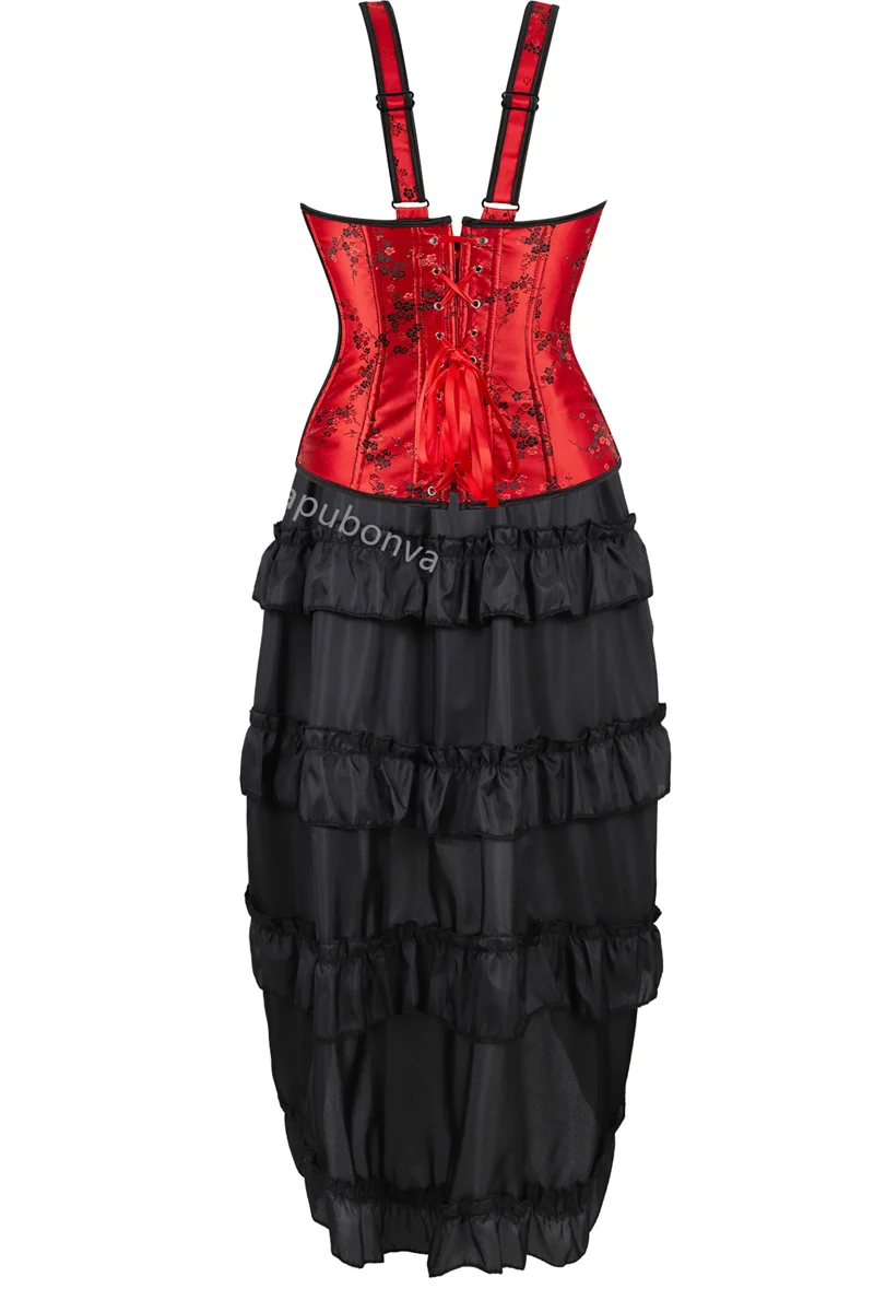 Red Corset Dress Women Skrit Set Shoulder Strap Lace Costume Party Sexy Burlesque Halloween Basques Outfit Plus Size Black - Image 21
