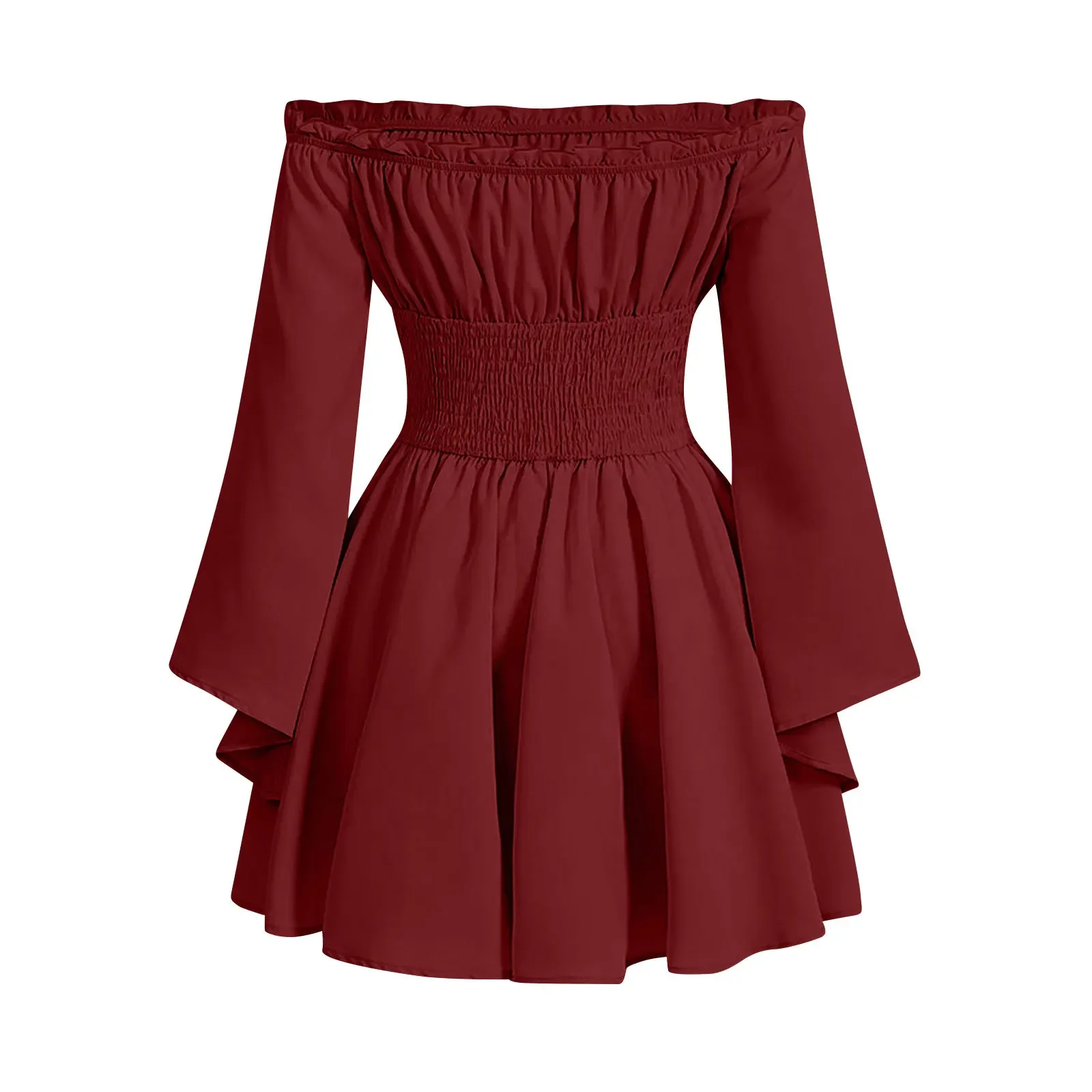 Women Rens Faire Cosplay Off Shoulder Mini Dress Medieval Renaissance Dress with Bell Sleeves Corset Waist Pixie Dress - Image 8