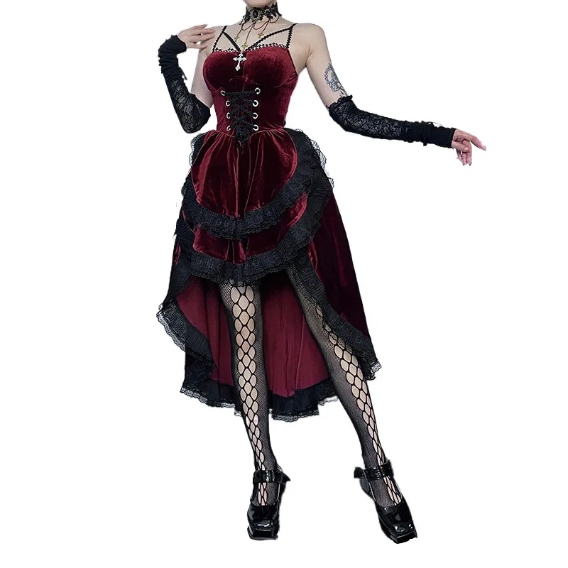 High Low Cut Swallow Tail Lace Bodice Dress Strap Y2K Corset Bustier Women Sexy Dark Gothic Costume Sling Strap Sleeveless Dress - Image 2