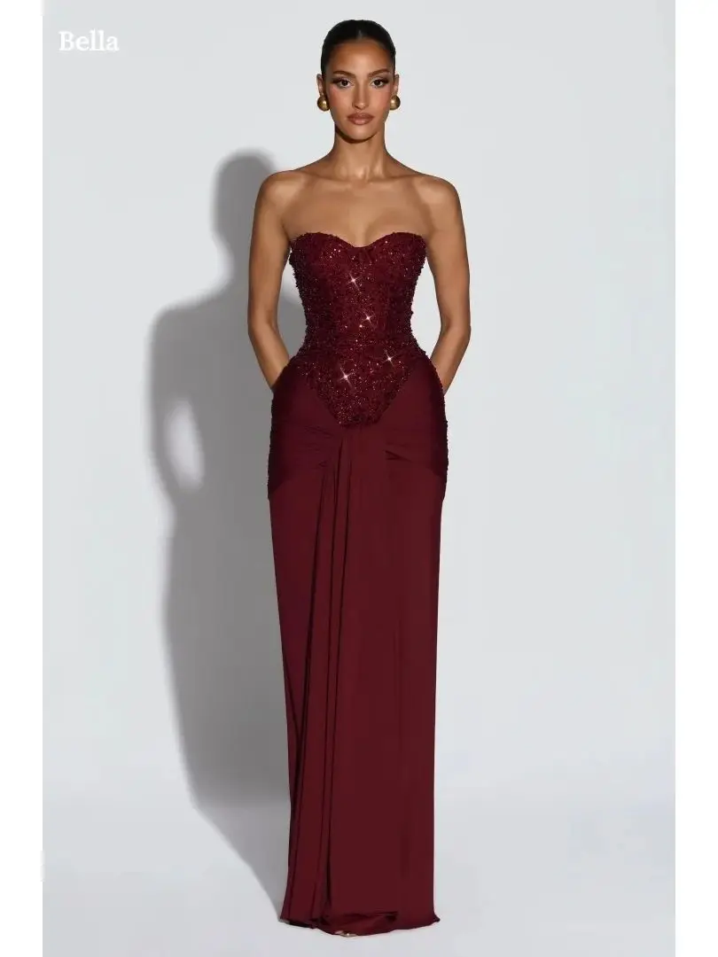 Burgundy Sweetheart Neck Prom Dress Beaded Corset Bodice Ruched Floor Length Party Dresses robes de soirée - Image 6