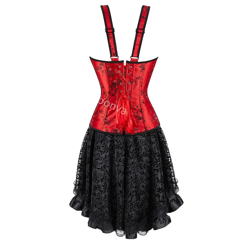 Red Corset Dress Women Skrit Set Shoulder Strap Lace Costume Party Sexy Burlesque Halloween Basques Outfit Plus Size Black - Image 6
