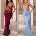 Burgundy Strapless Lace Corset Mermaid Gown Ruched Satin Waist Evening Party Dress Women Formal Cocktail Maxi