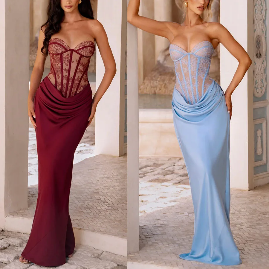 Burgundy Strapless Lace Corset Mermaid Gown Ruched Satin Waist Evening Party Dress Women Formal Cocktail Maxi